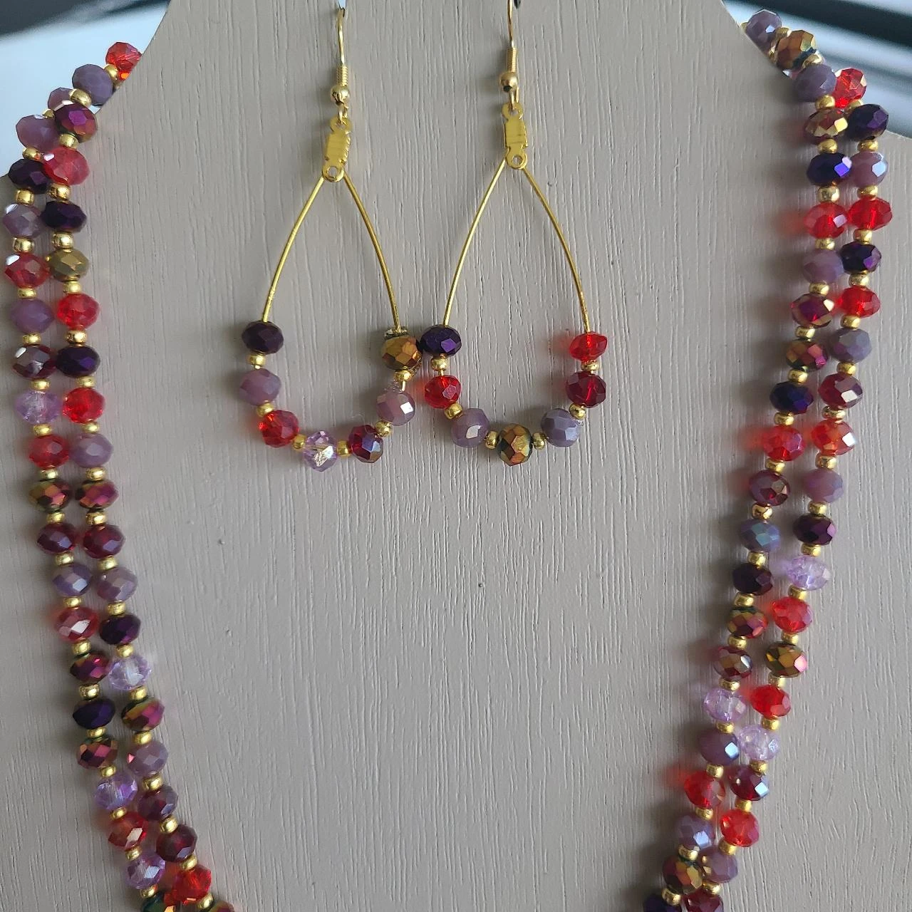 Bohemian Double Necklace & Glass Earrings Set in Red Tones PA660 – photo 3